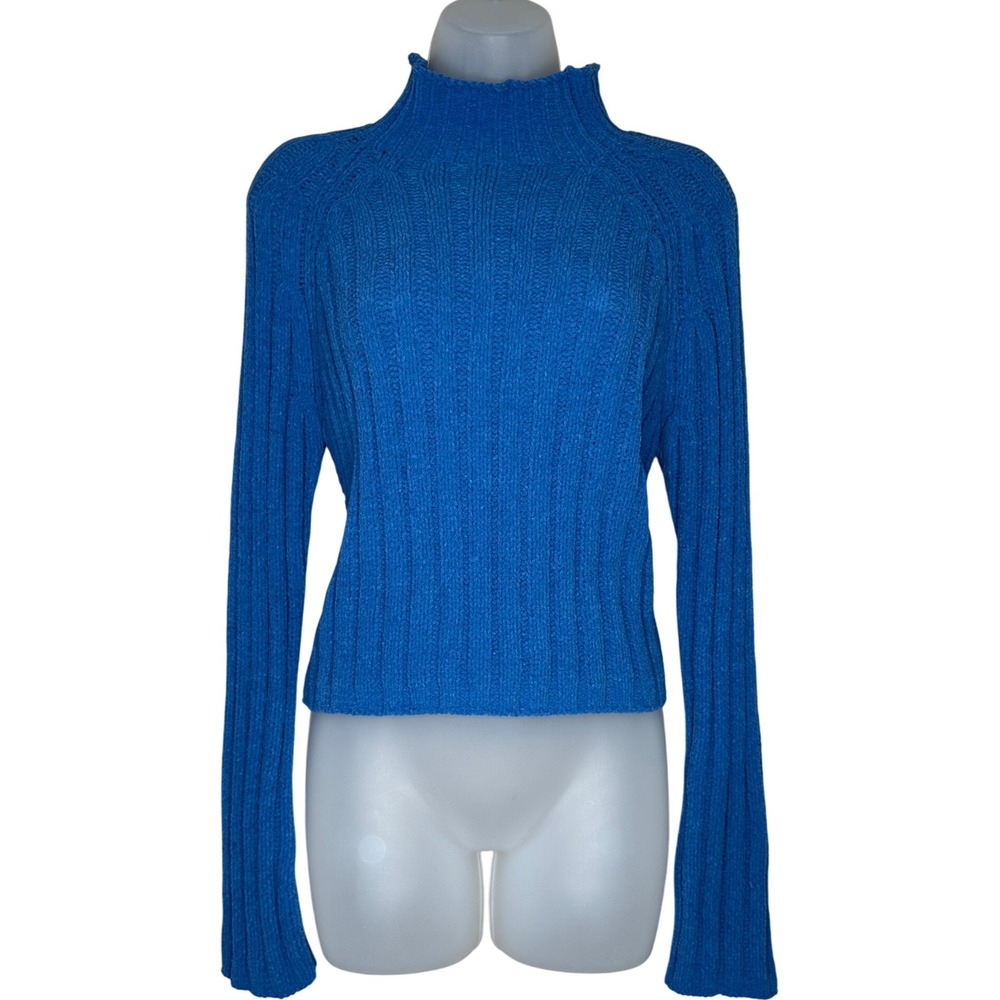 American Eagle Mock Neck Cropped Knit Sweater Ribbed Blue‎ Y2K Top Size S